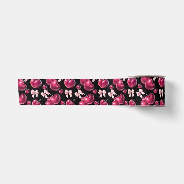 Coquette Cherry Pattern Pink Bow Aesthetic  Satin Ribbon (Front)