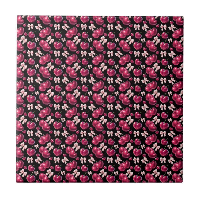 Coquette Cherry Pattern Pink Bow Aesthetic  Tile (Front)