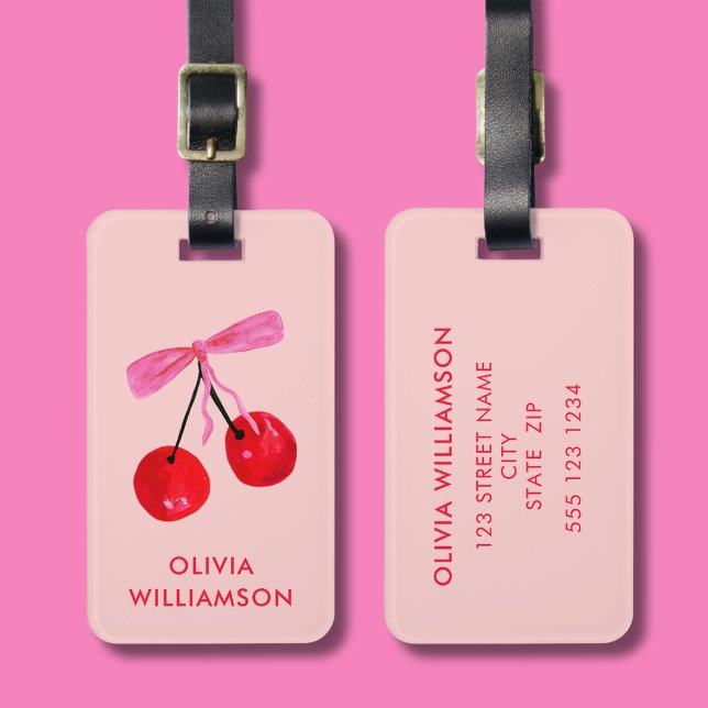Coquette Cherry & Pink Bow Luggage Tag (Cherry & pink bow coquette aesthetic personalized luggage tag)
