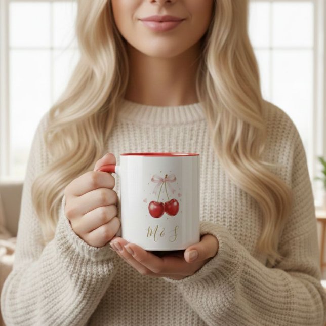 Coquette Cherry Pink Bow Mug Personalized Initials (Creator Uploaded)
