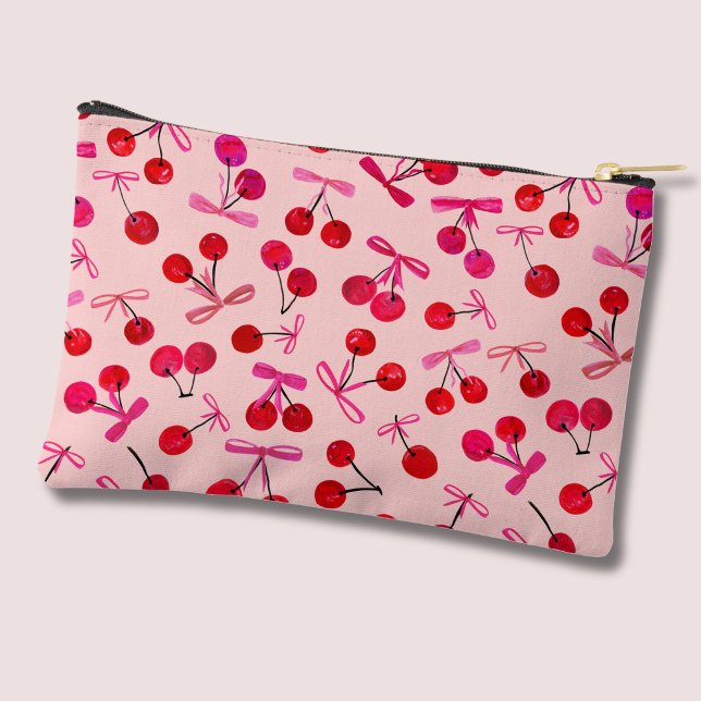 Coquette Cherry & Pink Bow pattern Accessory Pouch (Coquette Cherry and pink ribbon bows patterned cosmetic pouch)