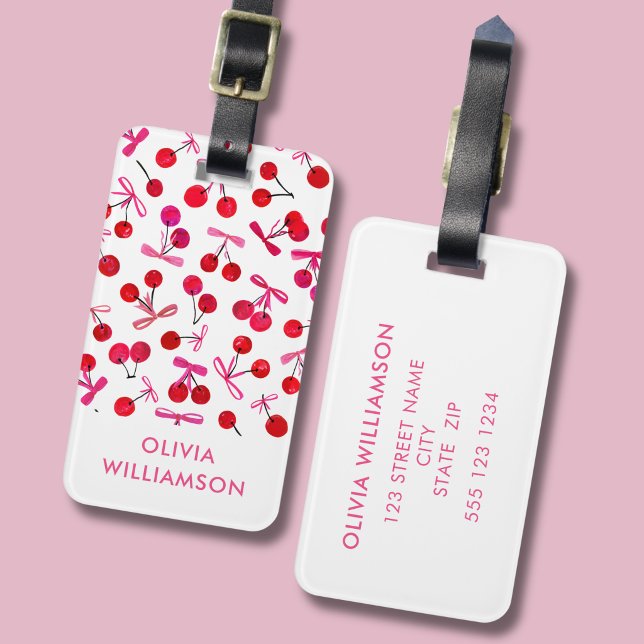 Coquette Cherry & Pink Bow pattern Luggage Tag (Coquette Cherry & pink bow pattern luggage tag)