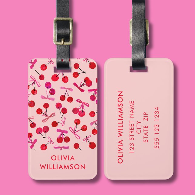 Coquette Cherry & Pink Bow pattern Luggage Tag (Cherry & pink bow  pattern coquette aesthetic personalized luggage tag)