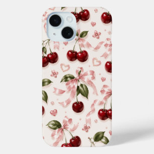 Coquette Cherry & Pink Satin Bow Seamless Pattern iPhone 15 Case