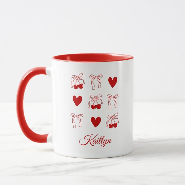 Coquette Cherry Red Bow Bachelorette Party Favour Mug (Left)