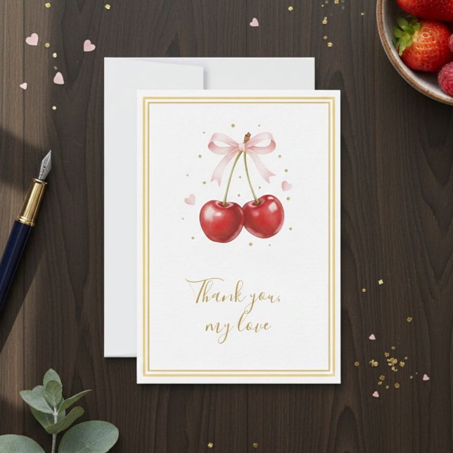 Coquette Cherry Thank You Card Pink Bow Gold (Creator Uploaded)