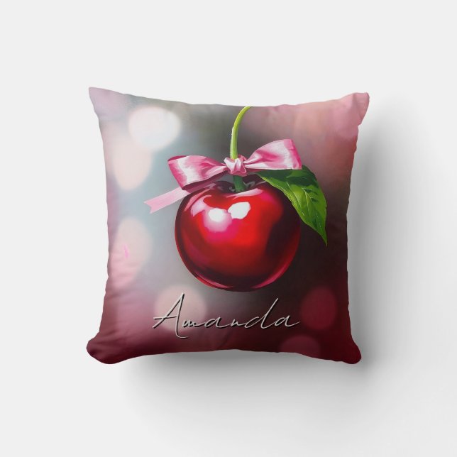 Coquette Cherry with Pink Bow and Leaf Cushion (Front)