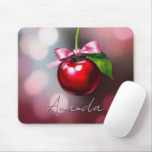 Coquette Cherry with Pink Bow and Leaf Mouse Mat