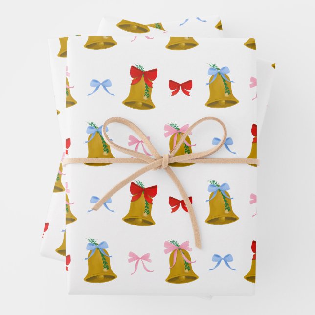 Coquette Christmas Bells and Bows Classic Wrapping Paper Sheet (In situ)