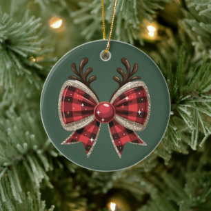 Coquette Christmas Bow Glitter Girly Red Plaid Ceramic Tree Decoration