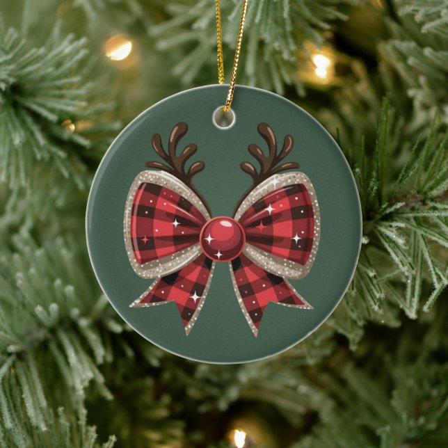 Coquette Christmas Bow Glitter Girly Red Plaid  Ceramic Tree Decoration (Tree)