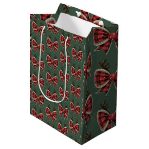 Coquette Christmas Bow Glitter Girly Red Plaid Medium Gift Bag