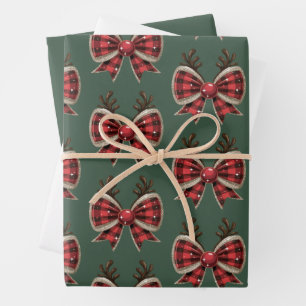 Coquette Christmas Bow Glitter Girly Red Plaid  Wrapping Paper Sheet