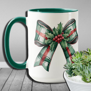 Coquette Christmas Bow Holly Leaves Tartan Plaid Mug