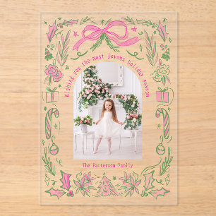 Coquette Christmas Family Photo Pink Green Doodle Acrylic Invitations