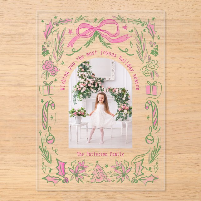 Coquette Christmas Family Photo Pink Green Doodle Acrylic Invitations (Front)