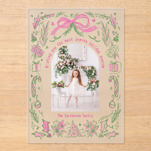 Coquette Christmas Family Photo Pink Green Doodle Acrylic Invitations