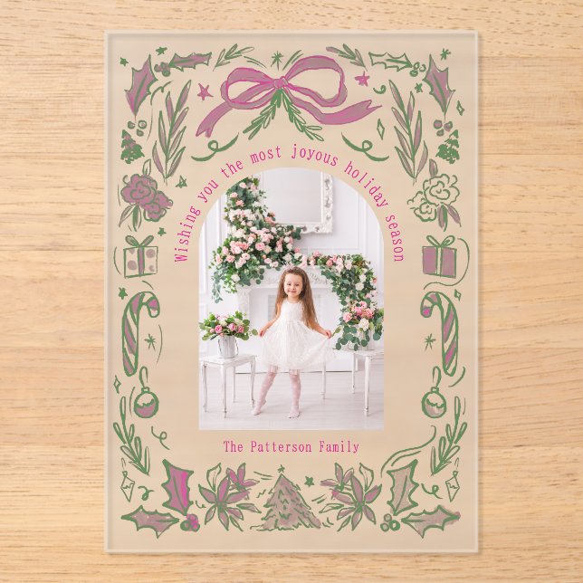Coquette Christmas Family Photo Pink Green Doodle Acrylic Invitations (Front)