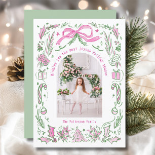 Coquette Christmas Family Photo Pink Green Doodle Holiday Card