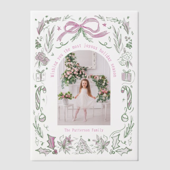 Coquette Christmas Family Photo Pink Green Doodle Vellum Invitations (Front)