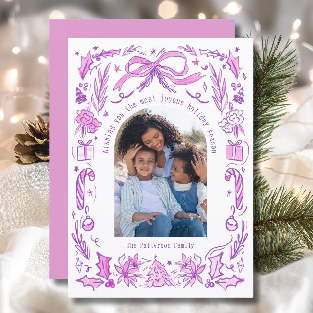 Coquette Christmas Family Photo Purple Pink Doodle Holiday Card (Creator Uploaded)