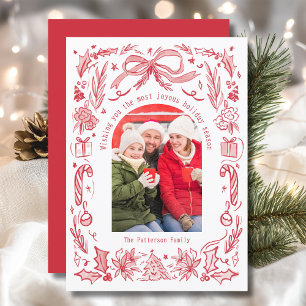 Coquette Christmas Family Photo Red Doodle Holiday Card