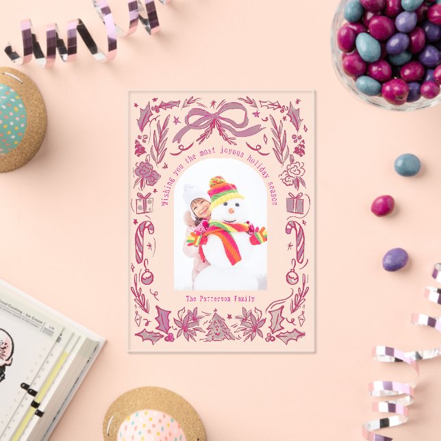 Coquette Christmas Family Photo Red Pink Doodle Acrylic Invitations (Insitu (Celebration))