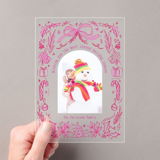 Coquette Christmas Family Photo Red Pink Doodle Acrylic Invitations (Insitu (Handheld))