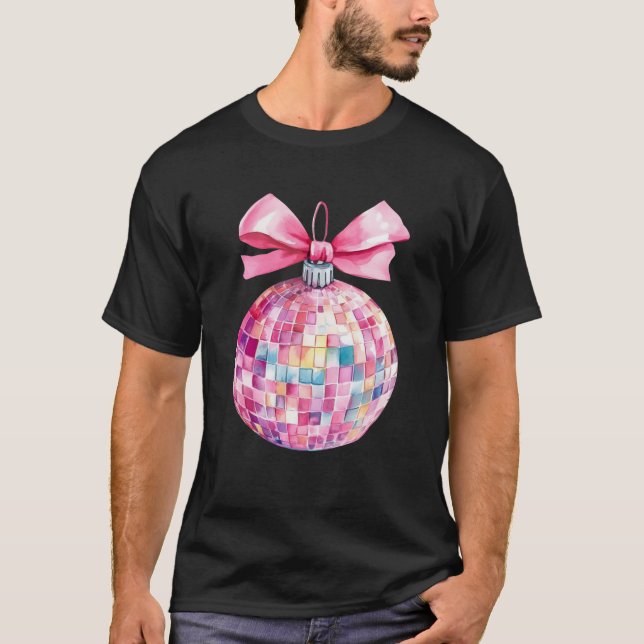 Coquette Christmas Ornament Disco Ball Bow Aesthet T-Shirt (Front)