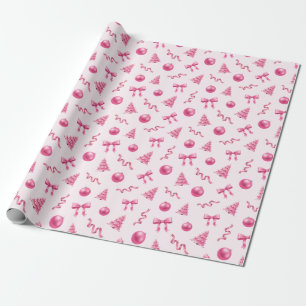 Coquette Christmas Pink Ornaments and Bows Wrapping Paper