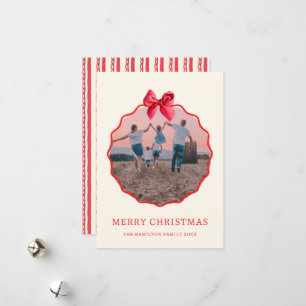 Coquette Christmas Red Bow Wavy Photo Holiday Card