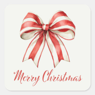 Coquette Christmas Red & White Candy Cane Bow Square Sticker