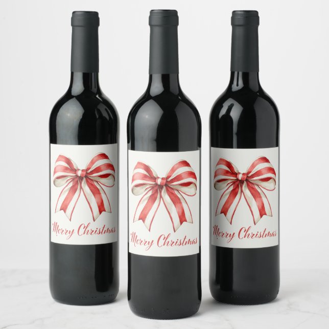 Coquette Christmas Red White Candy Cane Stripe Bow Wine Label (Bottles)
