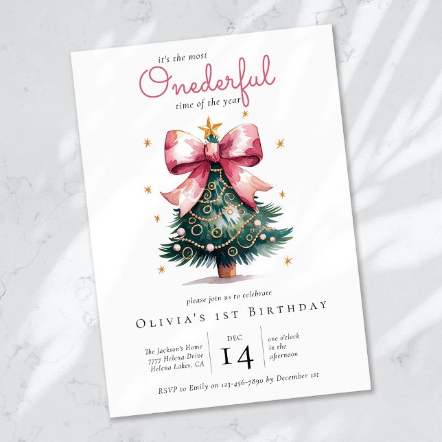 Coquette Christmas Tree Bow Onederful 1st Birthday Invitation (Creator Uploaded)