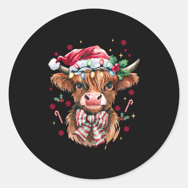 Coquette Christmas Western Highland Cow Santa Xmas Classic Round Sticker (Front)