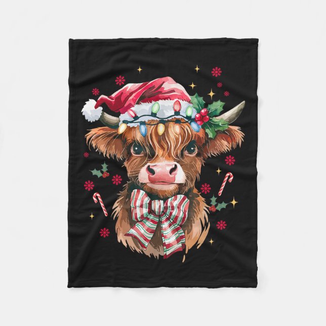 Coquette Christmas Western Highland Cow Santa Xmas Fleece Blanket (Front)