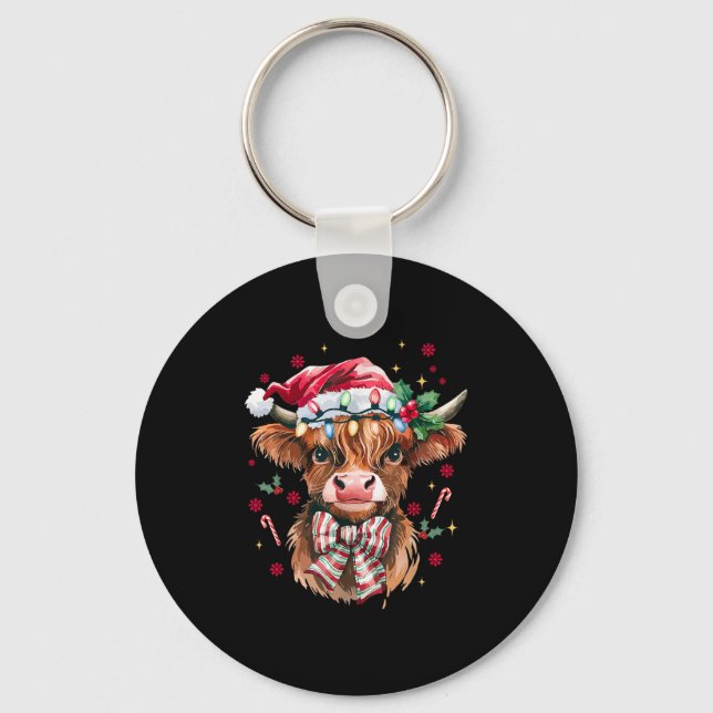 Coquette Christmas Western Highland Cow Santa Xmas Key Ring (Front)