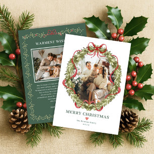 Coquette Christmas Wreath Red Bow Family Photo Holiday Card