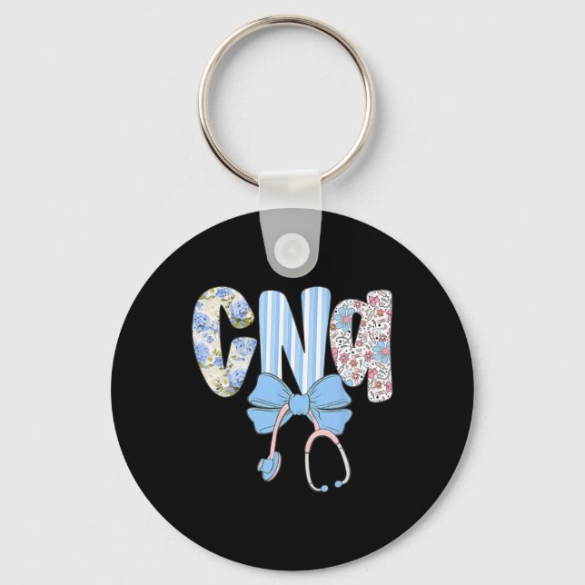 Coquette Cna Nurse Blue Floral Stethoscope Bow Cut Key Ring (Front)