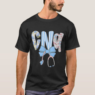 Coquette Cna Nurse Blue Floral Stethoscope Bow Cut T-Shirt
