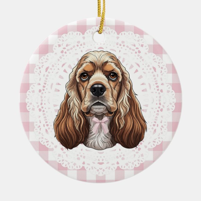 Coquette Cocker Spaniel Dog Pink Gingham Bows Ceramic Tree Decoration (Front)