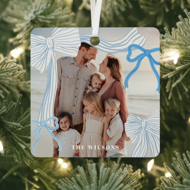 Coquette-core Blue Bows Photo Christmas Holiday Metal Tree Decoration (Insitu)