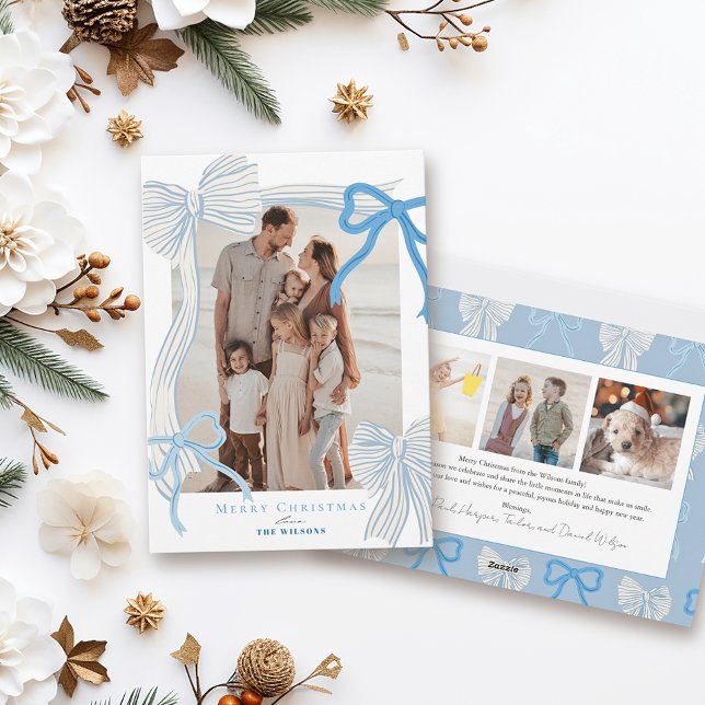 Coquette-Core Pale Blue Bows 4 Photos Christmas Holiday Card (Creator Uploaded)