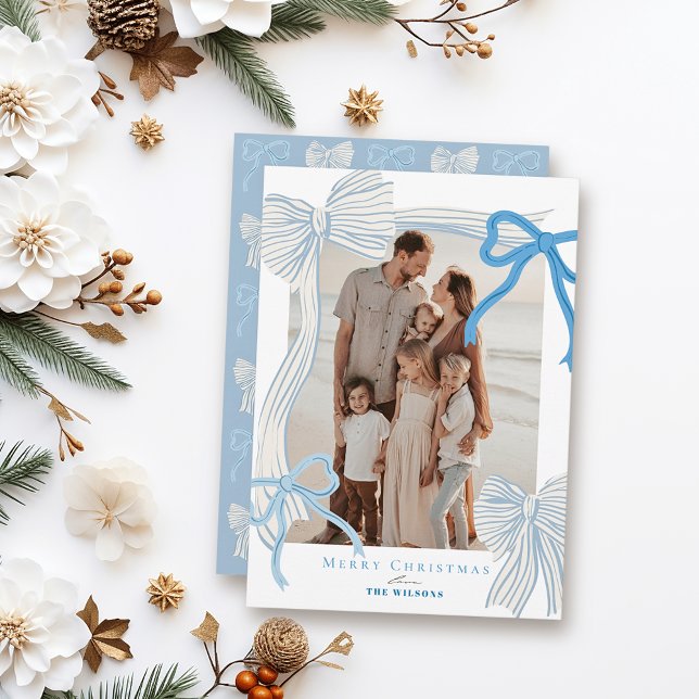 Coquette-Core Pale Blue Bows Christmas Photo Holiday Card (Creator Uploaded)