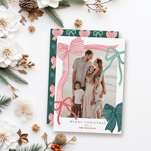 Coquette-Core Red & Green Bows Christmas Photo Holiday Card (Creator Uploaded)