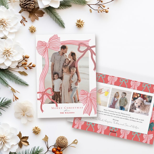 Coquette-Core Red & Pink Bows 4 Photos Christmas Holiday Card (Creator Uploaded)