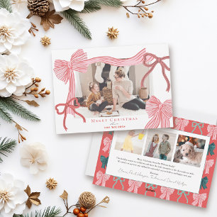 Coquette-Core Red & Pink Bows 4 Photos Christmas Holiday Card