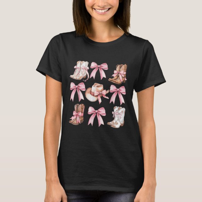 Coquette Cowgirl Boots With Pink Bows Aesthetic Y2 T-Shirt (Front)