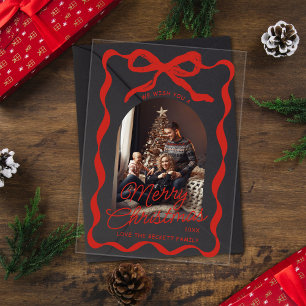 Coquette Curvy Ribbon & Bow Retro Christmas Photo Acrylic Invitations