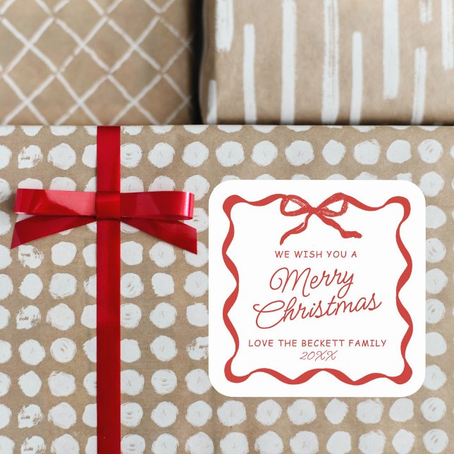Coquette Curvy Ribbon & Bow Retro Merry Christmas Square Sticker (Creator Uploaded)